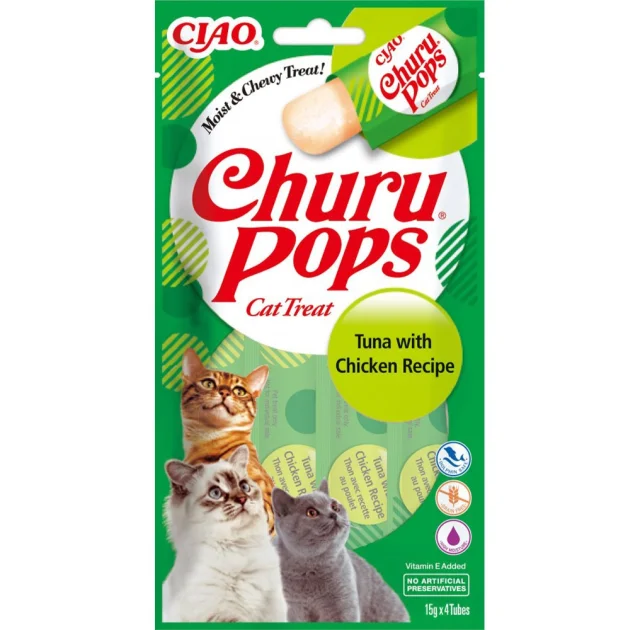 Лакомство INABA "Churu Pops" для кошек, с тунцом и курицей, 4 шт, 60 г