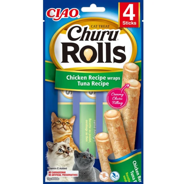 Лакомство INABA "Churu Rolls" для кошек, с курицей и тунцом, 4 шт, 40 г