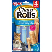 Лакомство INABA "Churu Rolls" для кошек, с курицей, тунцом и морским гребешком, 4 шт, 40 г