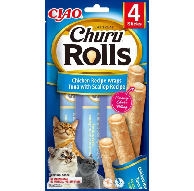 Лакомство INABA "Churu Rolls" для кошек, с курицей, тунцом и морским гребешком, 4 шт, 40 г