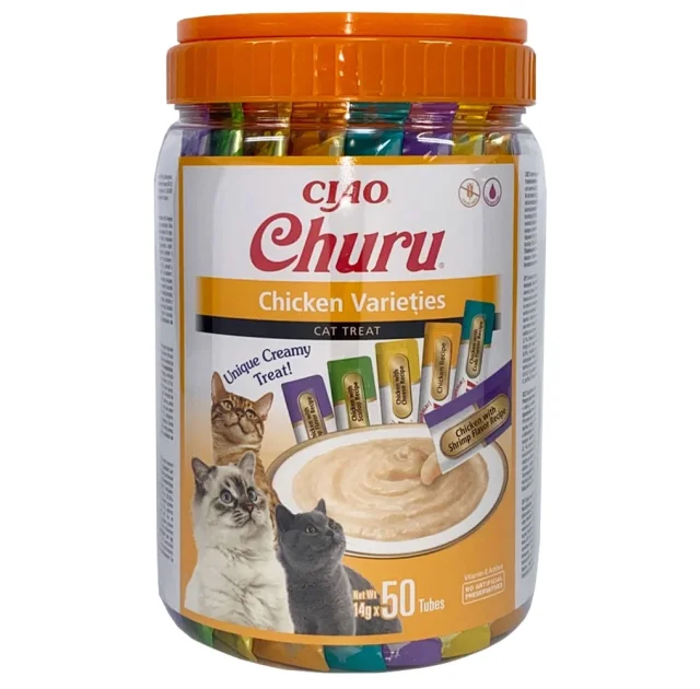 Лакомство INABA "Churu" для кошек, сливочный мусс "Разнообразие курицы", 50 шт, 700 г
