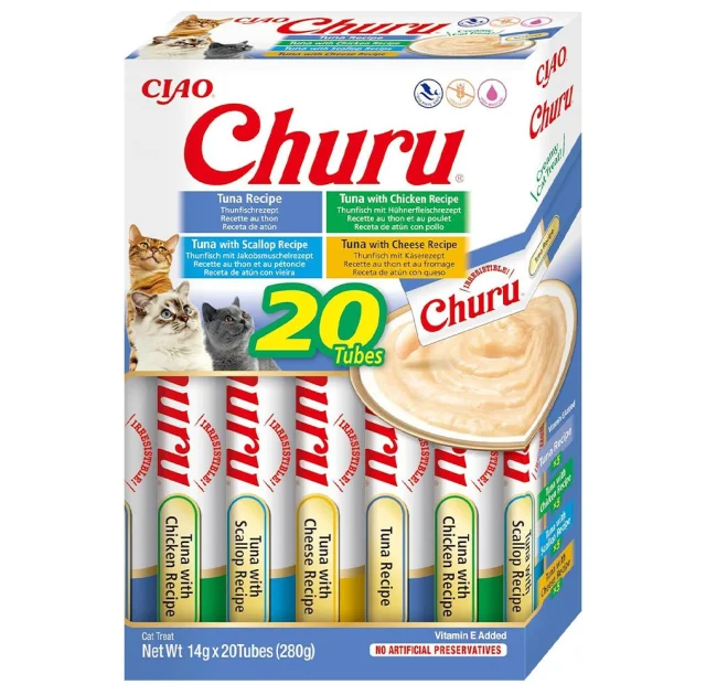 Лакомство INABA "Churu" для кошек, сливочный мусс "Разнообразие тунца", 20 шт, 280 г