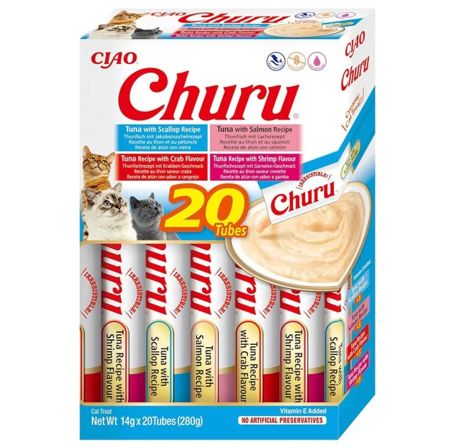 Лакомство INABA "Churu" для кошек, сливочный мусс "Разнообразие тунца и морепродуктов", 20 шт, 280 г