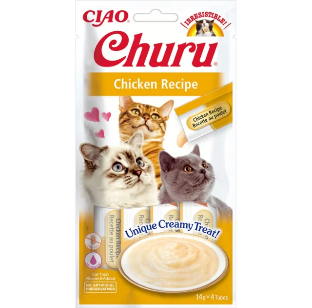 Лакомство INABA "Churu" для кошек, сливочный мусс с курицей, 4 шт, 56 г