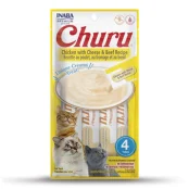 Лакомство INABA "Churu" для кошек, сливочный мусс с курицей и сыром / говядиной, 4 шт, 56 г