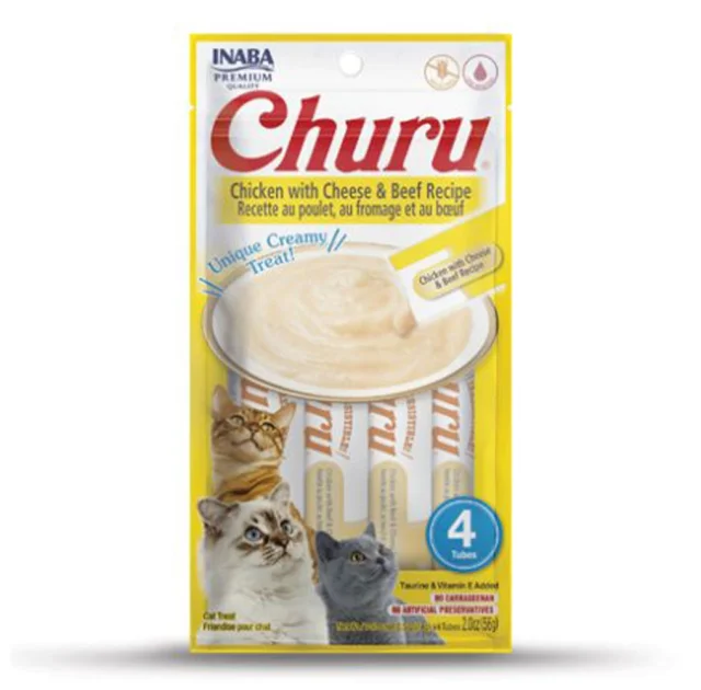 Лакомство INABA "Churu" для кошек, сливочный мусс с курицей и сыром / говядиной, 4 шт, 56 г