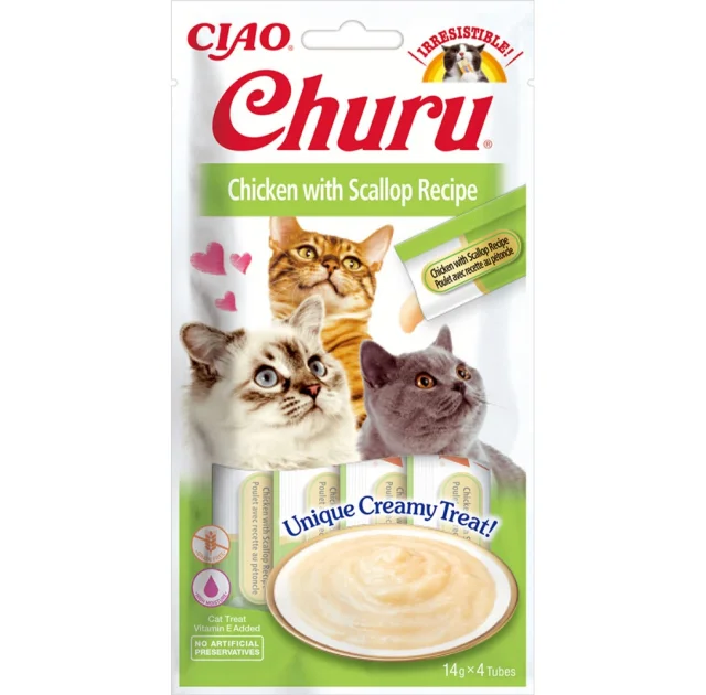 Лакомство INABA "Churu" для кошек, сливочный мусс с курицей и гребешком, 4 шт, 56 г