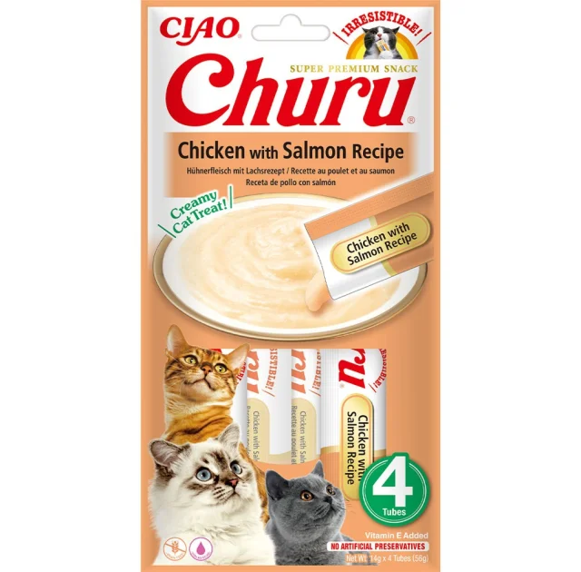 Лакомство INABA "Churu" для кошек, сливочный мусс с курицей и лососем, 4 шт, 56 г