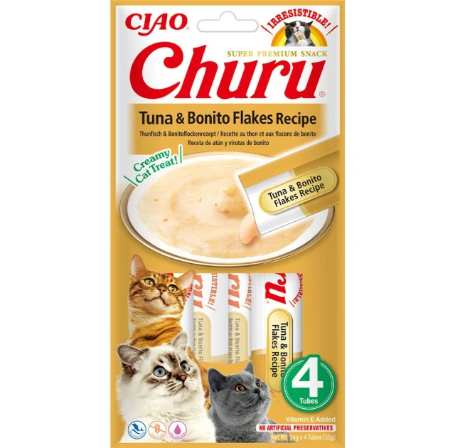 Лакомство INABA "Churu" для кошек, сливочный мусс с тунцом и хлопьями бонито, 4 шт, 56 г