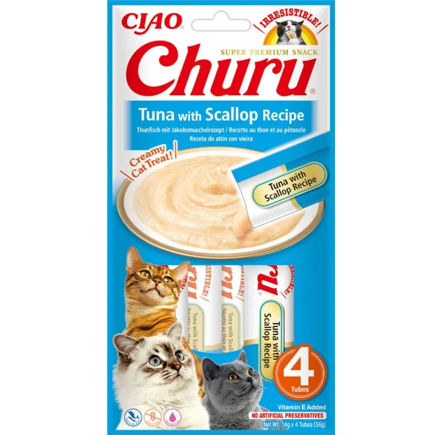 Лакомство INABA "Churu" для кошек, сливочный мусс с тунцом и гребешком, 4 шт, 56 г