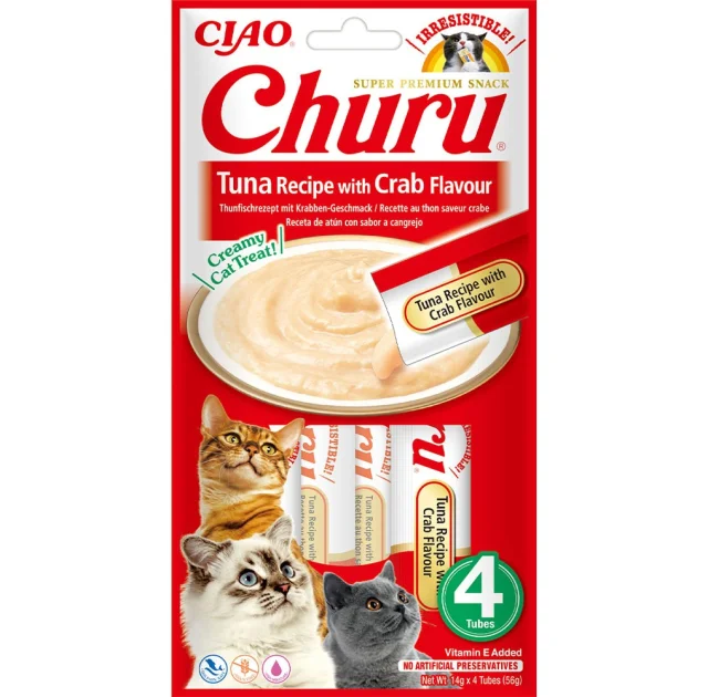Лакомство INABA "Churu" для кошек, сливочный мусс с тунцом и крабом, 4 шт, 56 г