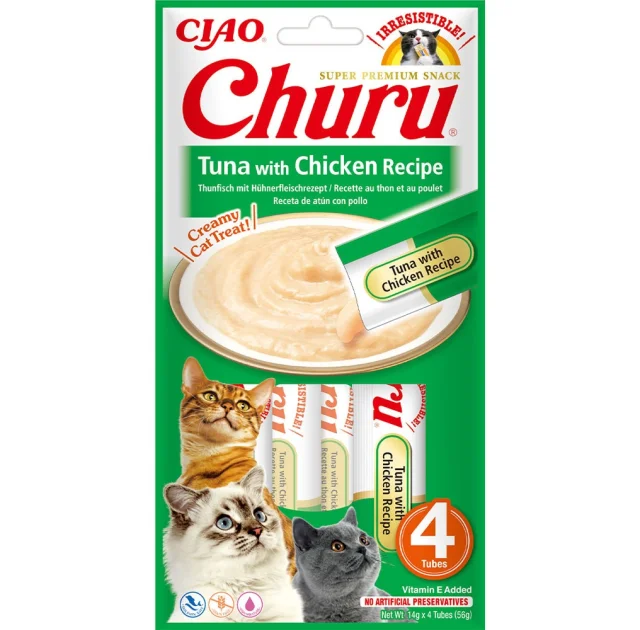 Лакомство INABA "Churu" для кошек, сливочный мусс с тунцом и курицей, 4 шт, 56 г