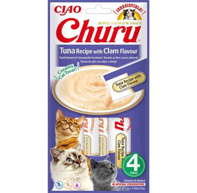 Лакомство INABA "Churu" для кошек, сливочный мусс с тунцом и моллюсками, 4 шт, 56 г