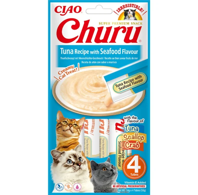 Лакомство INABA "Churu" для кошек, сливочный мусс с тунцом и морепродуктами, 4 шт, 56 г