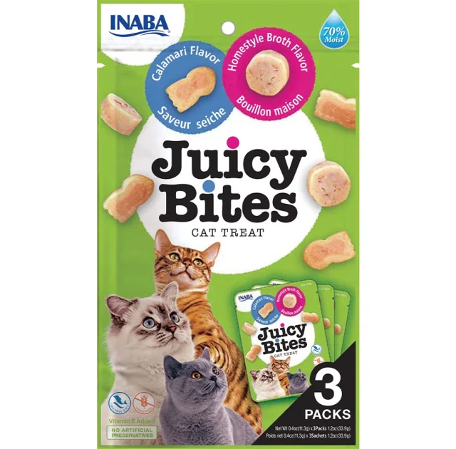 Лакомство INABA "Juicy Bites" для кошек, сочные снеки с домашним бульоном и кальмарами, 3 шт, 33,9 г