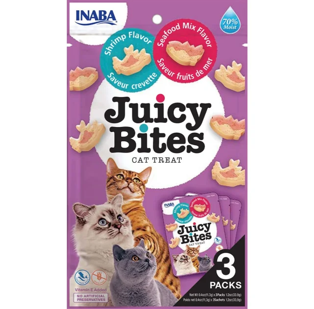 Лакомство INABA "Juicy Bites" для кошек, сочные снеки с креветками и морепродуктами, 3 шт, 33,9 г