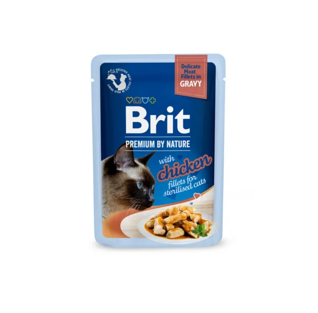 Влажный корм Brit Premium Delicate Fillets in Gravy Chicken for Sterilised для стерилизованных кошек, филе в соусе, курица, 85 г