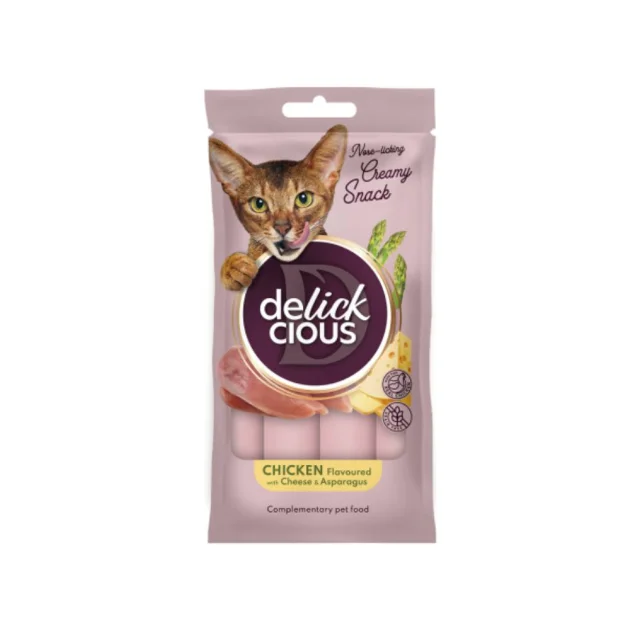 Лакомство Delickcious для кошек, крем с курицей, сыром, спаржей, 4 шт, 60 г