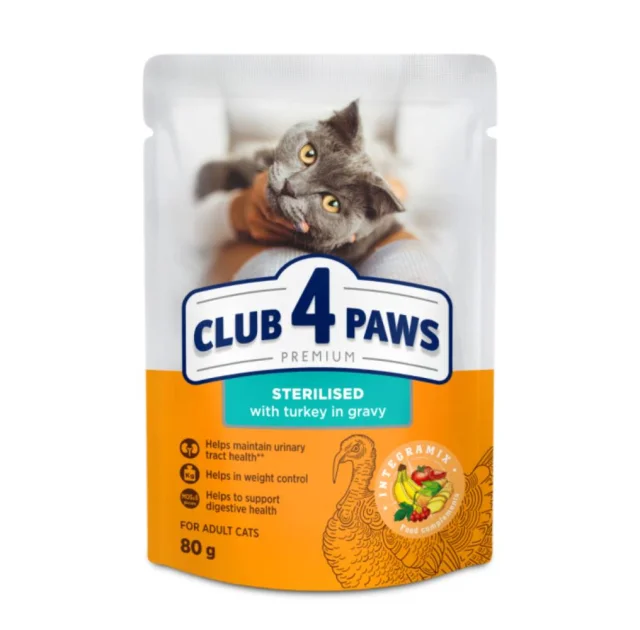 Влажный корм Club 4 Paws Adult Premium для взрослых стерилизованных кошек, с индейкой в ​​соусе, 80 г