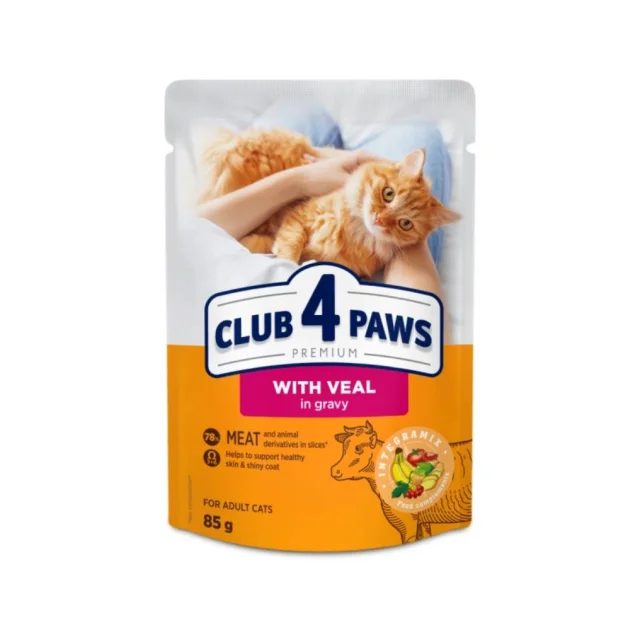 Влажный корм Club 4 Paws Adult Premium для взрослых кошек, с телятиной в соусе, 85 г