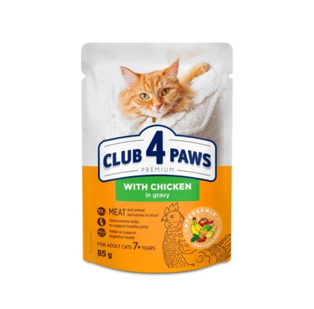 Влажный корм Club 4 Paws Adult Cats 7+ для кошек от 7 лет, с курицей в соусе, 85 г