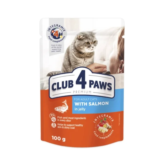 Влажный корм Club 4 Paws Adult Premium для взрослых кошек, с лососем в желе, 100 г