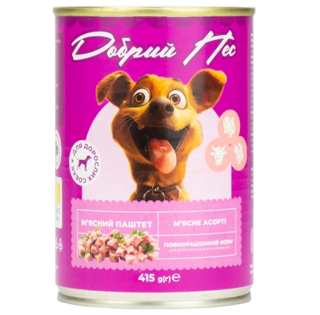 Консервированный корм Добрый Пес для взрослых собак паштет мясное ассорти, 415 г
