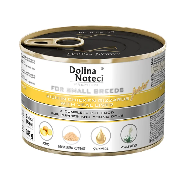 Консервований корм Dolina Noteci Premium для цуценят маленьких порід, курячий шлунок та теляча печінка, 185 г