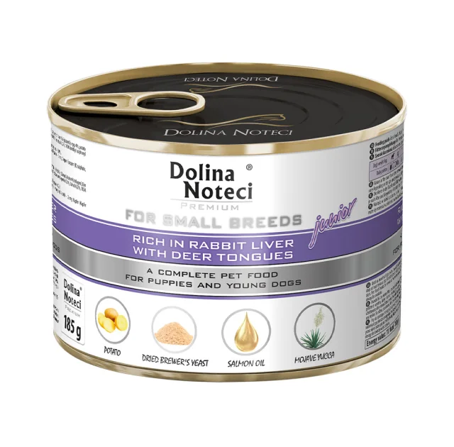 Консервований корм Dolina Noteci Premium для цуценят маленьких порід, печінка кролика та язик оленя, 185 г