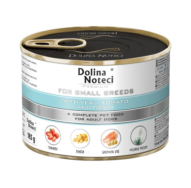 Консервований корм Dolina Noteci Premium для собак маленьких порід, телятина, помідори та локшина, 185 г