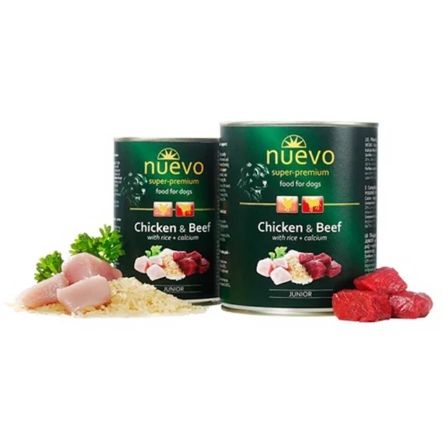 Консервированный корм Nuevo Junior с курицей, говядиной и рисом + кальций, для щенков, 400 г