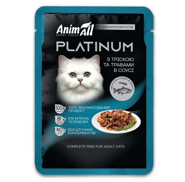 Вологий корм AnimAll Platinum для дорослих котів, тріска і трави в соусі, 85 г