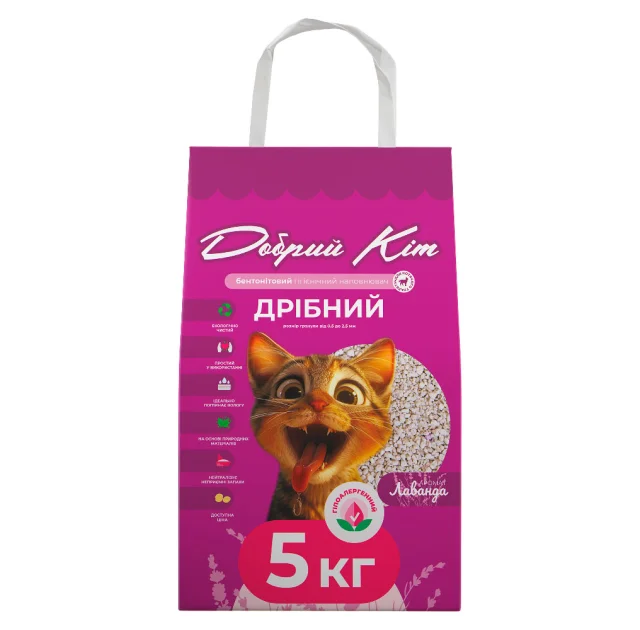 Бентонітовий наповнювач Крафт Добрий Кіт для котів, дрібний, аромат лаванди, пакет, 5 кг