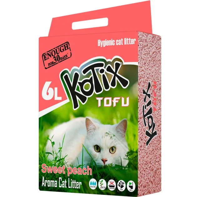 Соевый наполнитель Kotix Tofu для кошек, с ароматом меда и персика, 6 л