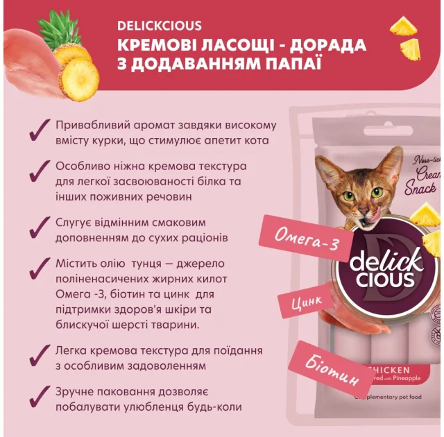 Лакомства Delickcious для кошек, курица с добавлением ананаса, 60 г