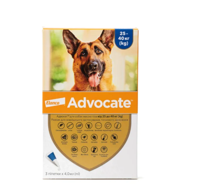 Капли от блох, отодектоза, саркоптоза Elanco Advocate для собак свыше 25 кг, цена за 1 пипетку