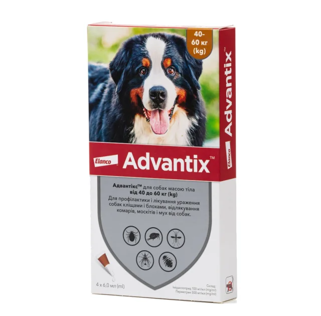 Краплі від бліх і кліщів Elanco Advantix для собак вагою 40-60 кг, ціна за 1 піпетку