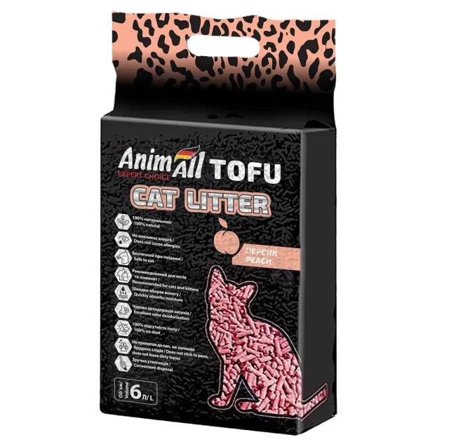 Соевый наполнитель AnimAll Tofu Peach с ароматом персика, для кошек, 6 литров (2,6 кг)