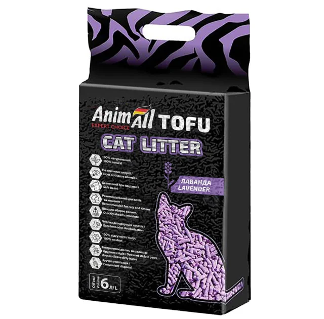 Соевый наполнитель AnimAll Tofu Lavender с ароматом лаванды, для кошек, 6 литров (2,6 кг)