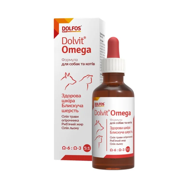 Дієтична добавка Dolfos Dolvit Omega для поліпшення якості і захисту шкіри у собак і котів, 50 мл