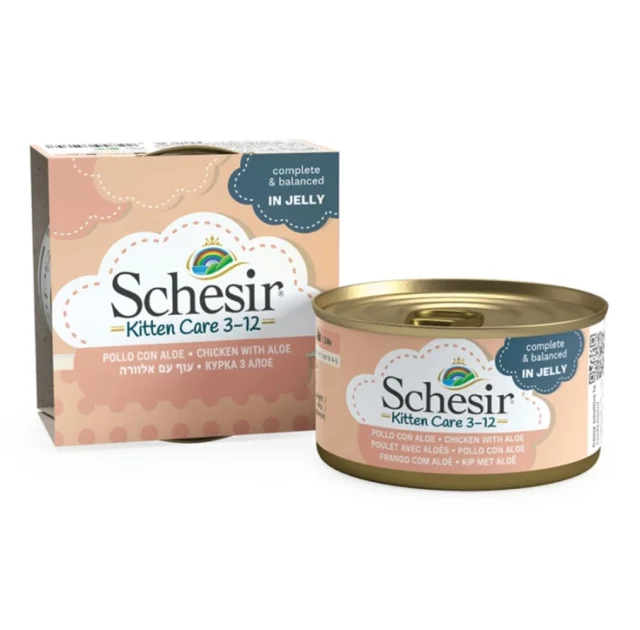 Консервы Schesir Chicken Aloe Kitten натуральные, для котят, филе курицы с алоэ в желе, банка 85 г