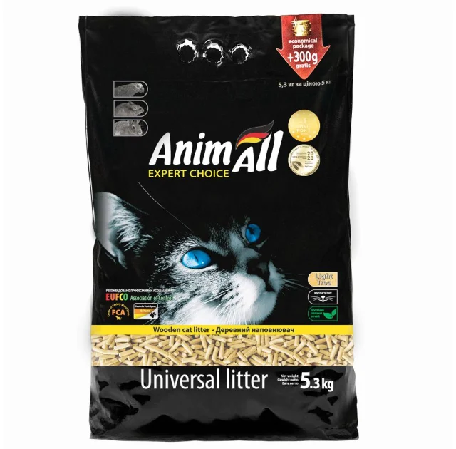 Древесный наполнитель AnimAll без аромата, для кошек, 5 кг + 300 г в подарок