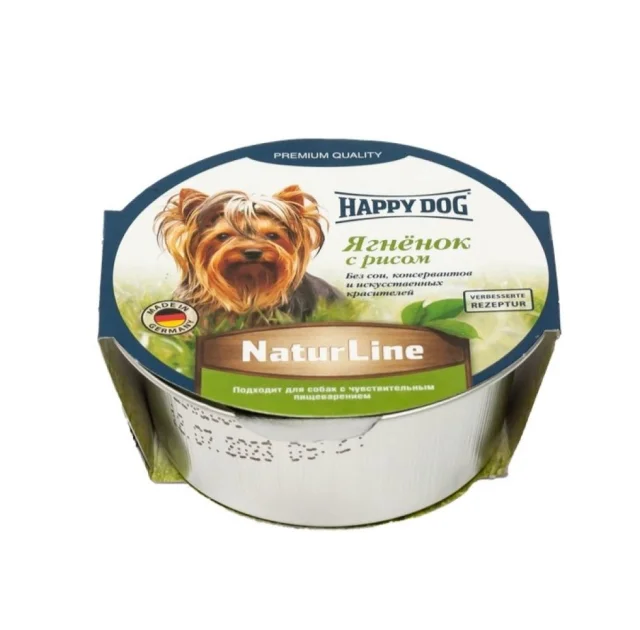 Вологий корм Happy Dog NaturLine для дорослих собак до 10 кг з чутливим травленням, з ягням, 85 г