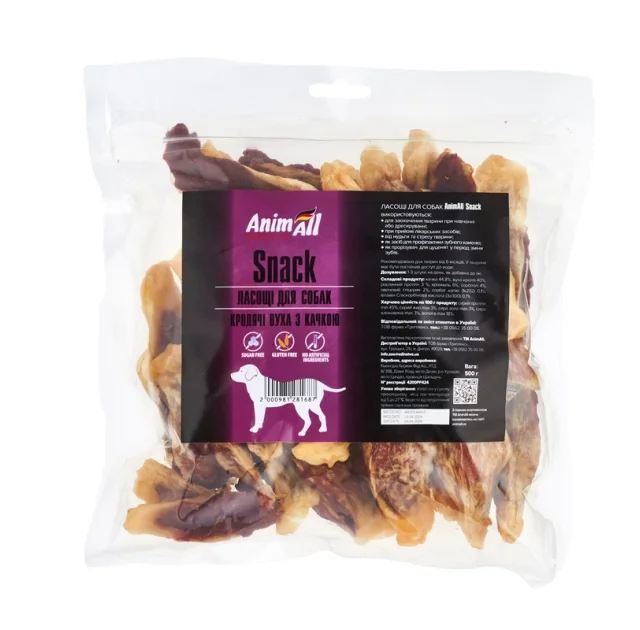 Лакомство AnimAll Snack кроличьи уши с мясом утки, для собак, 500 г