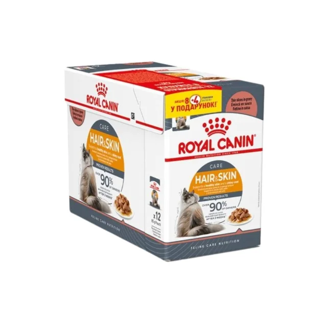 Вологий корм Royal Canin Hair&Skin Care, для виведення шерсті у котів, шматочки в соусі, 8+4 у подарунок, 1.02 кг