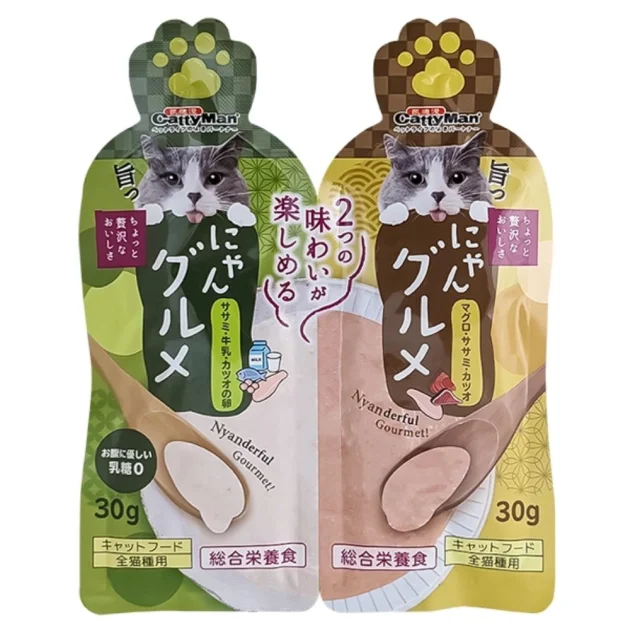 Вологий корм CattyMan Complete Twins Pouch крем-пюре два смаки: курка, молоко, ікра та тунець, курка, макрель, для котів, 60 г
