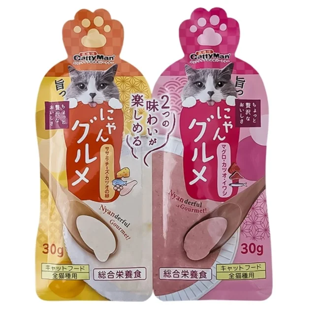 Вологий корм CattyMan Complete Twins Pouch крем-пюре два смаки: курка, сир, ікра та тунець, макрель, сардина, для котів, 60 г (2 х 30 г)