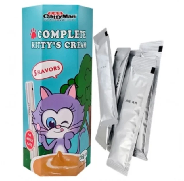 Ласощі CattyMan Complete Kitty’s Cream рідкі, 5 смаків: ікра з куркою, лососем, тунцем, яловичиною, качкою, для котів, набір 10 шт. х 16 г, 160 г