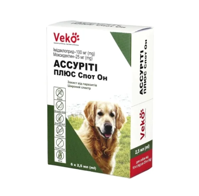 Краплі Veko Ассуріті Плюс Спот Он проти паразитів для собак вагою 10-25 кг, 3×2.5 мл, ціна за 3 піпетки