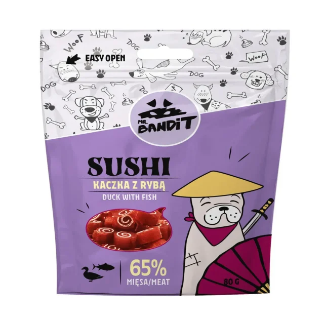 Ласощі Mr. Bandit Sushi для собак, з качкою і рибою, м'ясні рулетики, 80 г